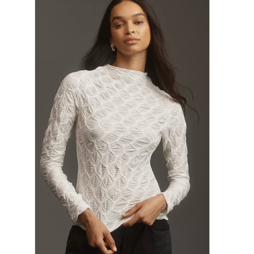 Anthropologie Maeve Talia Long Sleeve Mock Neck Textured Top in Ivory Women's S